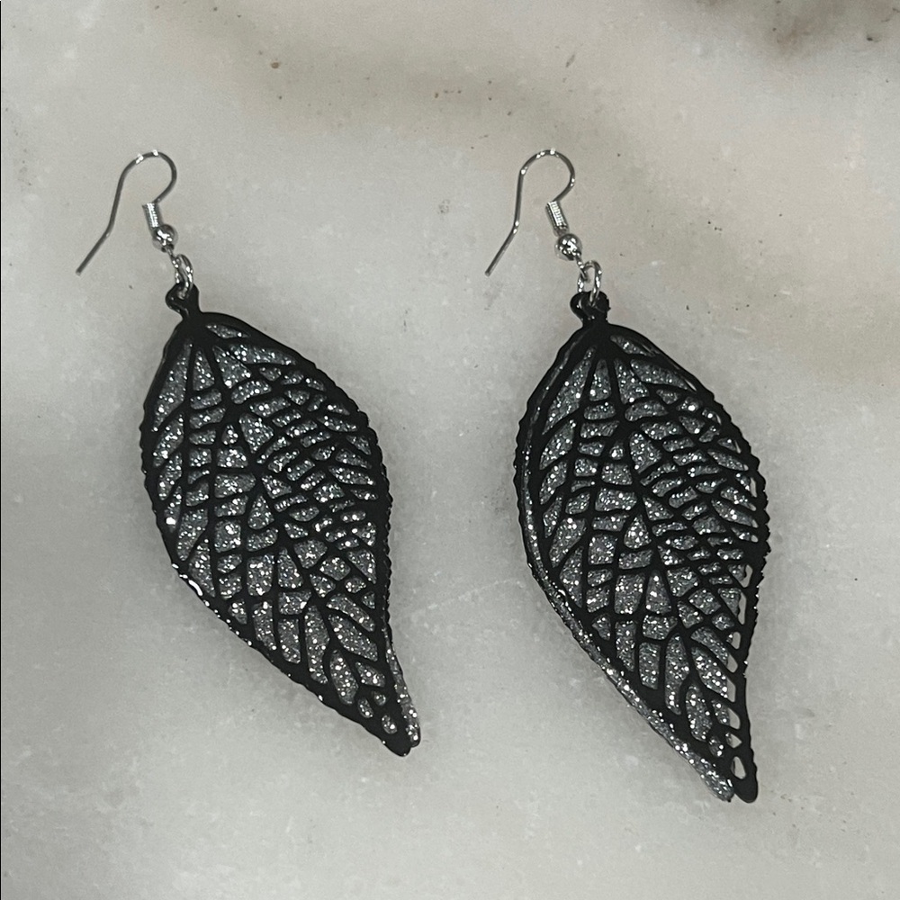 Chic Black and Silver Leaf Earrings